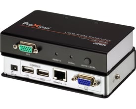 ATEN CE700A-AT-G systemforlænger til USB og VGA over Cat5, vist skråt forfra i sort og sølv.