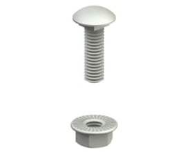 Separat bræddebolt M6 x 12 mm og flangemøtrik i galvaniseret stål på hvid baggrund.
