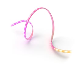Philips Hue Flux LED strip i pink og gul belysning, der bøjer sig elegant på en hvid baggrund.