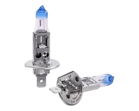 OSRAM NIGHT BREAKER LASER H1 forlygtepærer, 55W, 12V med P14.5S fatning, vist sammen på hvid baggrund.
