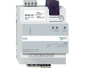 Schneider Electric nødstrømsforsyning til DIN skinne montering med tydelige mærker for A3, A2, A1, Accu, Error og Power.