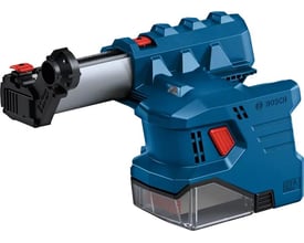 Detaljeret vinkel af Bosch GDE 18V-12 støvsugermodul, fremhæver Bosch logoet og mærkningen for HEPA filter.