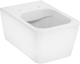 Hansgrohe EluPura Q hængetoilet i hvidt porcelæn, vist fra en vinkel, der fremhæver den rene, væghængte design uden skyllekant.