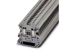 Tæt på Phoenix Contact UT 4 gennemgangsklemme, visende skrueterminaler og monteringsskinne i grå plast.