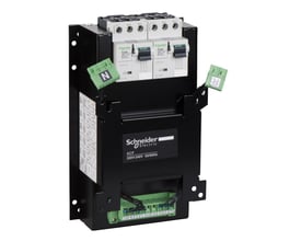 Schneider Electric ACP styreenhed med 380-415V forsyning, monteret på sort metalplade med grønne N- og R-terminaler og tilslutningsskruer.
