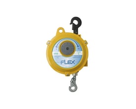 Fjederbalance Flexc i gul metal med et rundt ur-lignende display til vægtjustering fra 9-15kg.