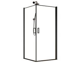 Brasta Viktorija firkantet hjørnesvingdør i sort med klart glas, 90x90x200 cm, vist med brusehoved og håndbruser.