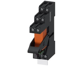 Siemens RT4 stikbensrelæ med 2CO kontakter, 115V AC, og rød LED statusindikator vist fra siden.