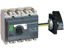 Schneider Electric omformerfront til sidemontage med drejehåndtag og tydelig ON/OFF-indikator.