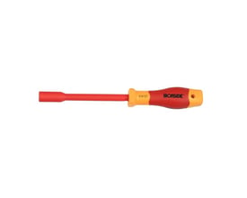 Ironside VDE-topskruetrækker på 8 mm med rødt skaft og rødt og orange greb, set fra siden.