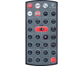 Niko IR-fjernbetjening til KNX 16M sensor, med tydeligt markerede knapper til ON/OFF, DIM, MEMO, kanaler og lysstyrke.