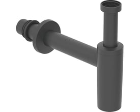 Geberit pungvandlås i mat sort ABS plast med 32mm rør og 1 1/4" afløb, vist med vandret udløb og flangedetalje.