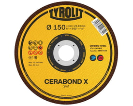 Tyrolit CERABOND X skrubskive 150x4x22,23mm med gul baggrund, viser specifikationer og symboler for brug til stål og rustfrit stål.