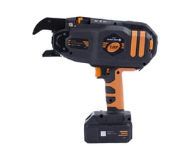 Tjep Ultra Grip 40 bindemaskine med 18V 4Ah Li-Ion batteri, sort med orange detaljer, vist på hvid baggrund.
