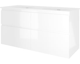 Sanibell Proline møbelsæt i hvid højglans med 4 softclose skuffer, 121x46cm, set fra højre side.