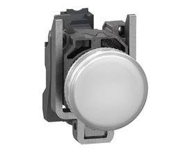 Schneider Electric komplet signallampe i metal med hvid LED og push-in klemmer, vist med 24VAC/DC.