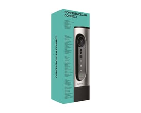 Emballagen til Logitech ConferenceCam Connect webcam viser den sølvfarvede videokonferenceenhed med kamera og højttaler.