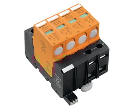 Weidmüller transientbeskyttelse VPU I 4 R i orange og sort plast med mærkninger for 280V/12,5KA og PE-terminaler.