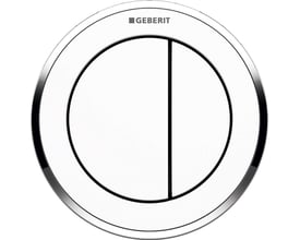 Geberit Omega Remote 10 trykplade i krom og hvid til dobbeltskyl, 94x94mm, med Geberit logo øverst.