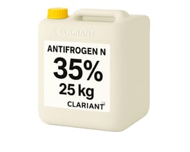 Beholder med gul lås og synlig side, fyldt med Clariant Antifrogen N glykol på 35 %, 25 kg.