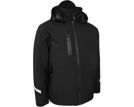 Sort Lyngsøe Rainwear vinterjakke i full stretch, størrelse M, set forfra med hætte, lynlåslommer og refleksstriber.
