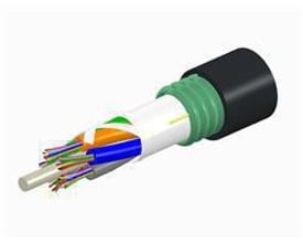 CommScope TeraSPEED fiberkabel med 24 OS2 fibre, viser indre lag med farvede fibre og stål armering.