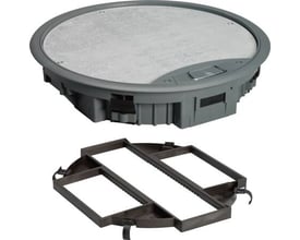 Schneider Electric komplet gulvboks UFB-800 med monteringsramme og montageplade, rund med en diameter på 329 mm i grå PC/ABS.