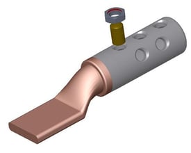 Elpress skruekabelsko SL630R-1 til 500-630mm² kabler, med vendbar knækbolt og tilslutningshul på hvid baggrund.