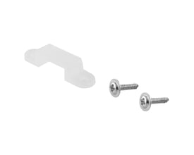 Ledvance monteringsbeslag i klar plast med to skruer, designet til 10 mm bånd og IP67-klassificering.