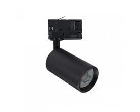 Sort GU10-skinnespot fra SpectrumLED med 6 W Dimtowarm-pære, vist skråt forfra med 3-faset skinneadapter.
