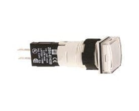 Schneider Electric kvadratisk lampe XB6CV1BB med hvid frontring og 16 mm diameter, vist med tilslutningsstik.