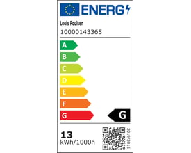 Energimærke for Louis Poulsen lampe, klassificeret G, med forbrug på 13 kWh/1000h.
