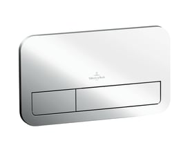 Villeroy & Boch ViConnect E200 betjeningsplade i blank krom med afrundede hjørner og to skylleknapper, set skråt forfra.
