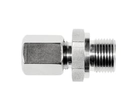 Syrefast union i metal med 12 mm rørkobling og 1/2'' udvendig gevind, Serto fitting, isoleret på hvid baggrund.
