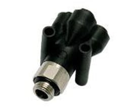 Parker dobbelt Y-stykke i sort teknisk polymer med tre udgange til 4 mm slanger og en G1/8 gevindtilslutning.