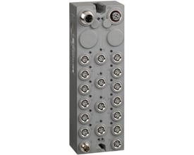 Schneider Electric Modicon TM7 udvidelsesmodul med 16 digitale indgange og M8 stik, IP67-klassificeret gråt kabinet.