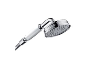 Axor Montreux håndbruser i børstet nikkel med hvidt greb og 100 mm RainAir hoved, isoleret på hvid baggrund.