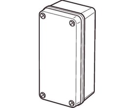 Teknisk illustration af Fibox Piccolo monteringskasse, viser proportioner og skruernes placering på et lysegråt kabinet.