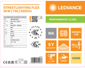 Teknisk mærkatgrafik for Ledvance Streetlight Flex S vejbelysning med specifikationer for 36 W og 5220 lm.