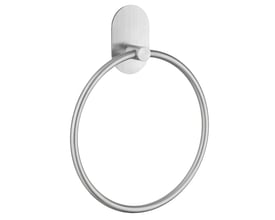 Beslagsboden håndklædering i rustfrit stål med rund ring og oval, selvklæbende vægplade, set forfra.