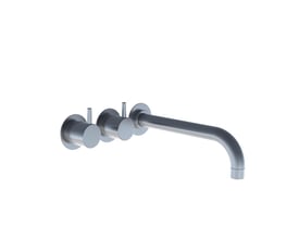 Vola 2-grebsblander med vægmontering, showcases to runde greb og en svanehalskartud i børstet metal.