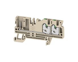 Weidmüller SPGTB 2.5 FT 3C/1 terminalblok i mørk beige, set skråt forfra med synlige SNAP IN-kontakter.