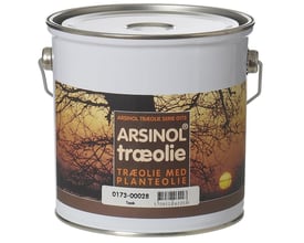 Nærbillede af ARSINOL® teaktræolie 2,5 liters dåse med produktinformation og stregkode tydeligt synlig.