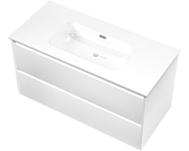 Sanibell Proline møbelsæt i mathvid, 101x46cm, med to skuffer og integreret vask med overløb. Møblet har en mat overflade og softclose skuffer.