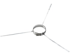 Metalbestos Wood spærstyr i stål med 150mm diameter og tre lange patentbånd fastgjort til ringen.