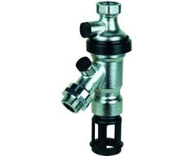 Resideo Braukmann spulehane BA295D-WH, 3/4" x 1" med nippel og plomberingsbøjle i forkromet messing med sorte detaljer.