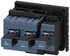 Siemens star-delta kontaktorsamling type 3RA2445-8XF32-1NB3 til 75kW/400V AC-3 applikationer, vist på sort bagmontering.