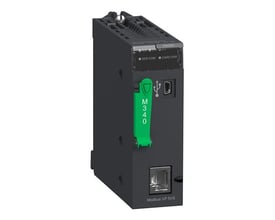 Schneider Electric Modicon M340 CPU-modul med 4096KB RAM, vist fra siden med grøn M340 mærkat, USB- og RJ45-porte.