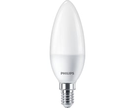 Philips CorePro LED kertepære E14 mat, 7W, 806lm med en varmhvid farvetemperatur på 2700K, viser den elegante kerteformede glaskuppel og E14-sokkel.