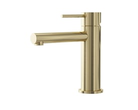 Lavabo Mira 155 RS Slim håndvaskarmatur i PVD-messing, set skråt forfra med cylindrisk krop, tud og enkelt greb.